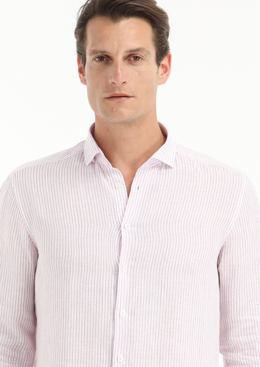 Lila Çizgili Regular Fit Dokuma Casual %100 Keten Gömlek 