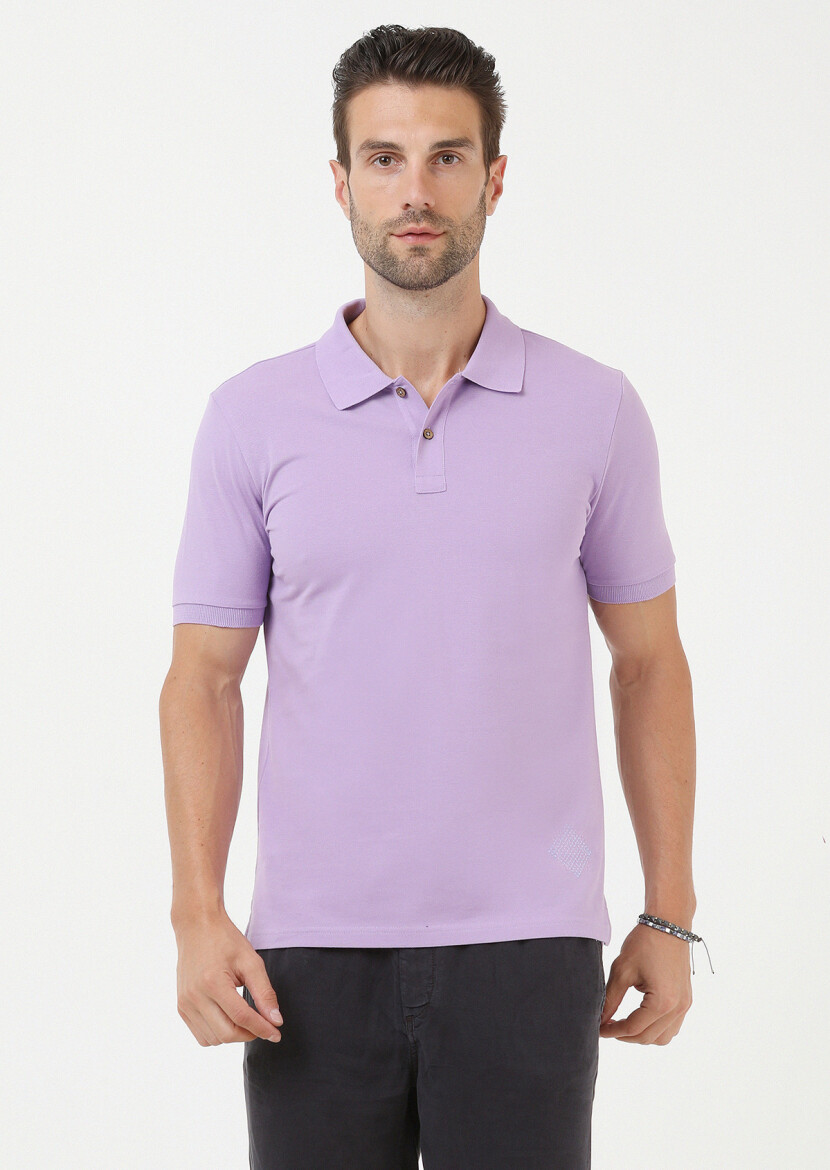 Lila Düz Polo Yaka %100 Pamuk T-Shirt 
