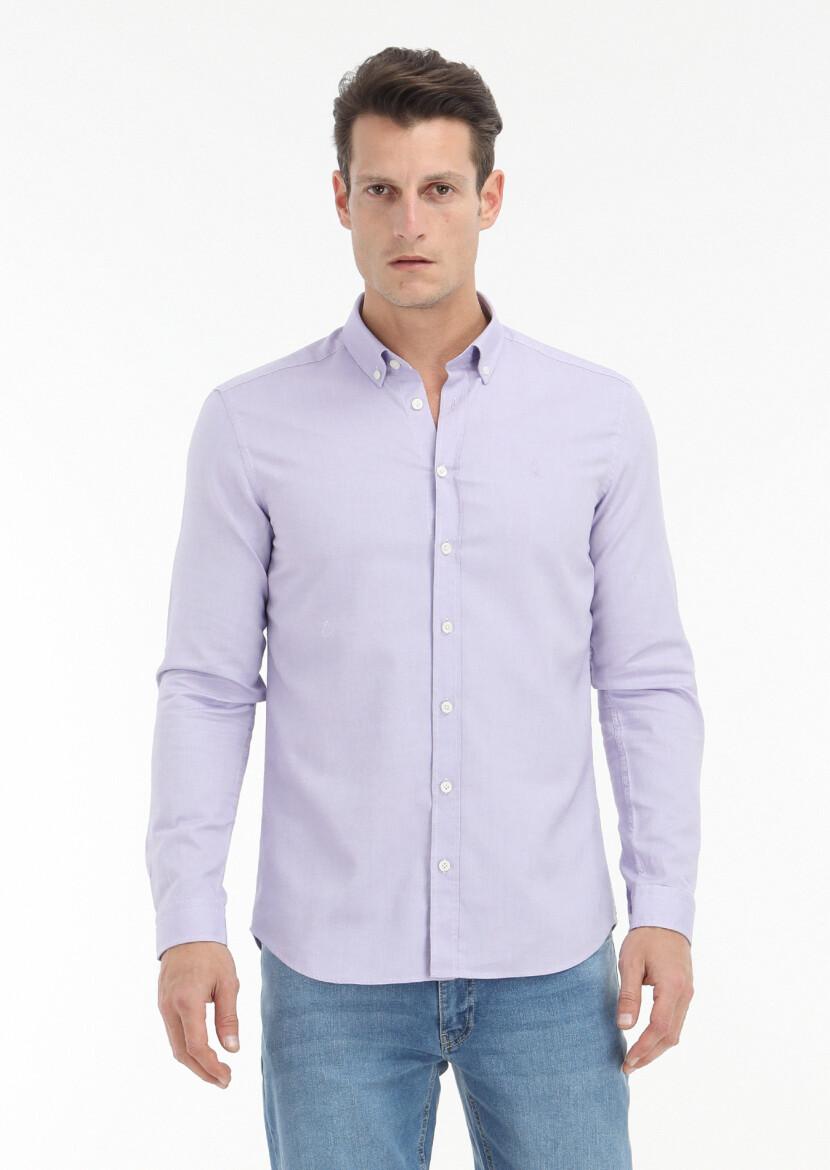 Lila Düz Slim Fit Dokuma Casual %100 Pamuk Gömlek 