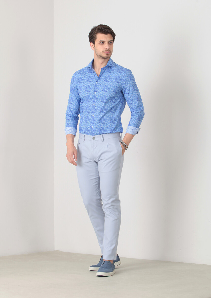 Mavi Baskılı Fitted Fit Dokuma Casual %100 Pamuk Gömlek - 1