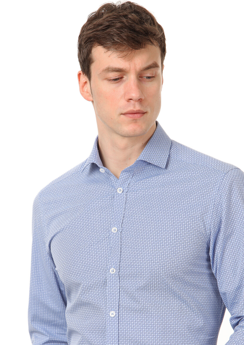 Mavi Baskılı Slim Fit Dokuma Klasik %100 Pamuk Gömlek 