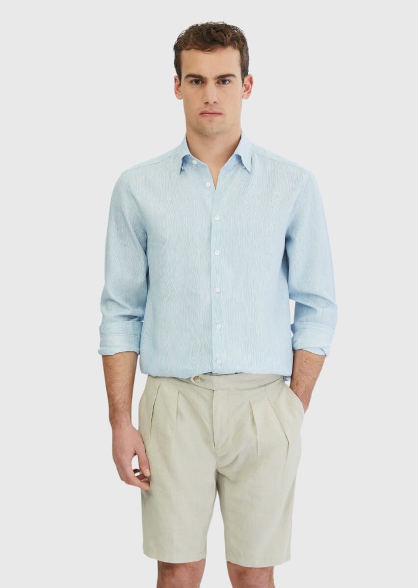 Mavi Çizgili Casual Fit Dokuma Casual Pamuk Karışımlı Gömlek - 1