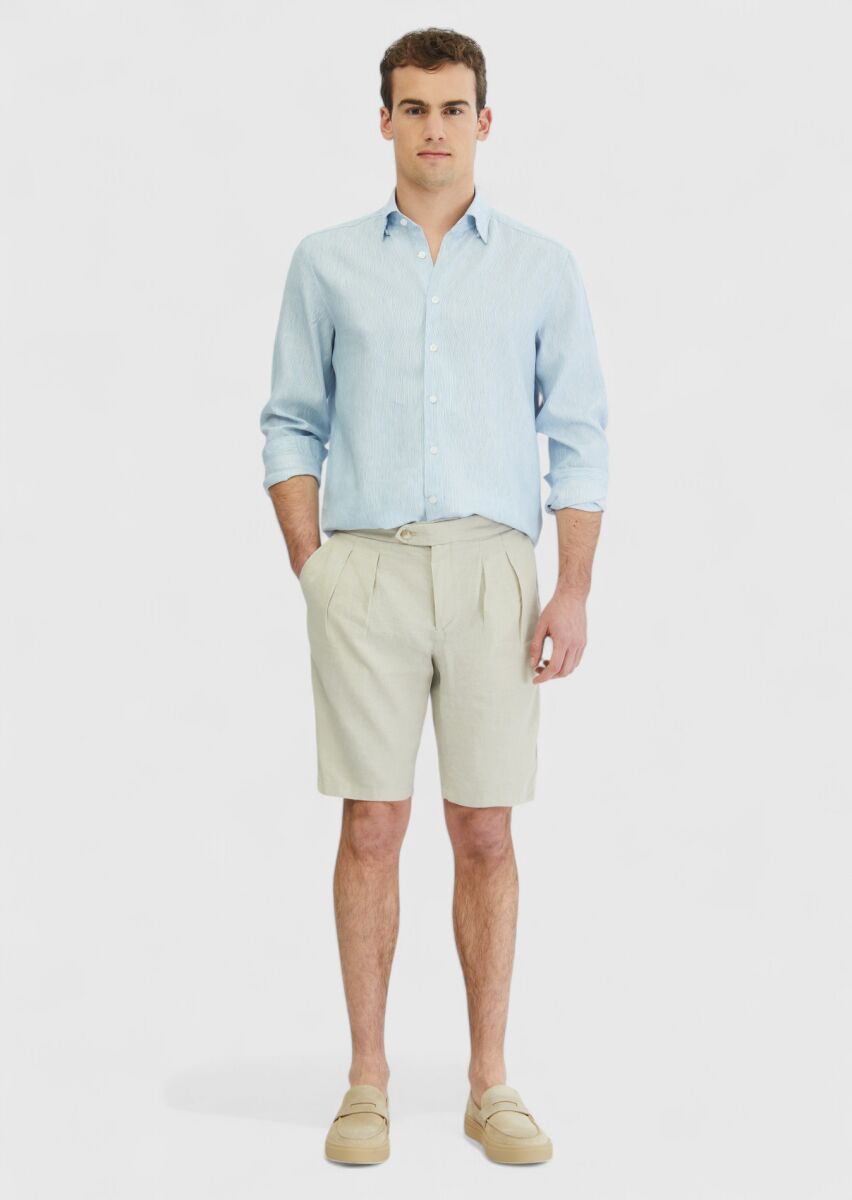Mavi Çizgili Casual Fit Dokuma Casual Pamuk Karışımlı Gömlek - 2