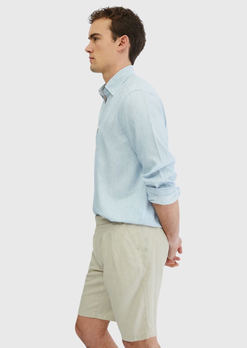 Mavi Çizgili Casual Fit Dokuma Casual Pamuk Karışımlı Gömlek - 3