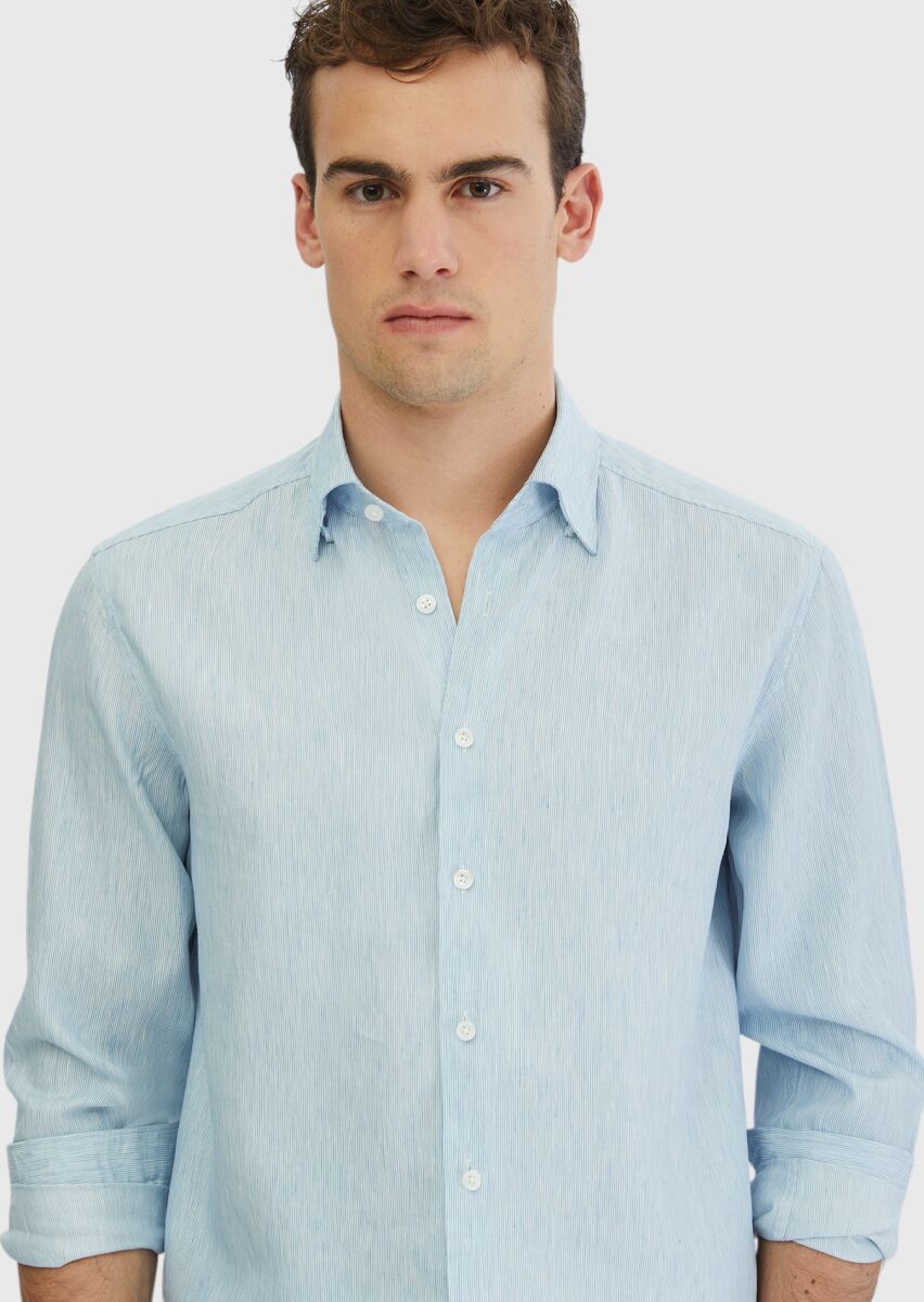 Mavi Çizgili Casual Fit Dokuma Casual Pamuk Karışımlı Gömlek - 4