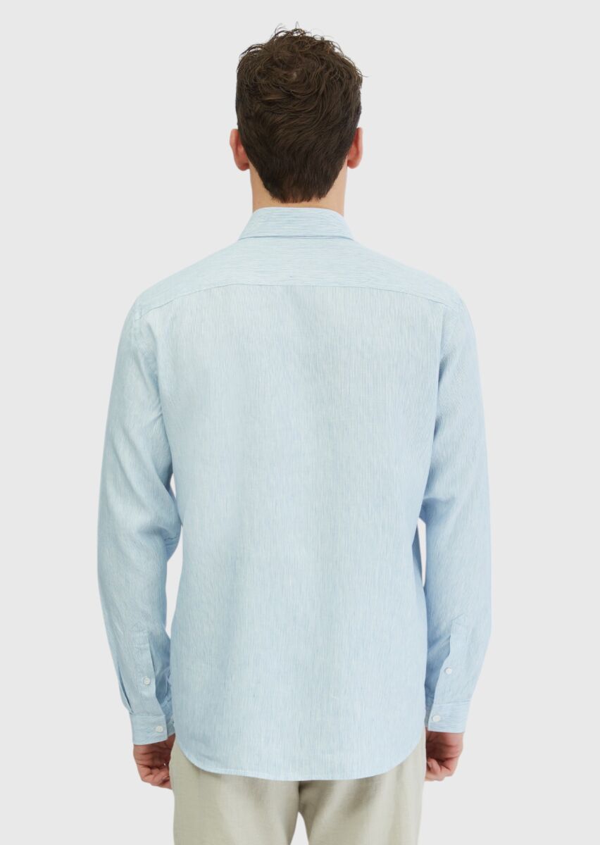 Mavi Çizgili Casual Fit Dokuma Casual Pamuk Karışımlı Gömlek - 6
