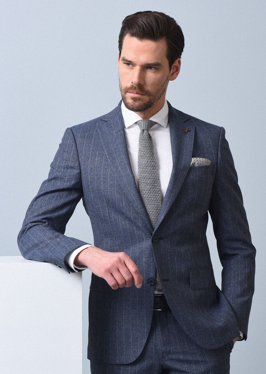 Mavi Çizgili Modern Fit Yün Karışımlı Takım Elbise - 1