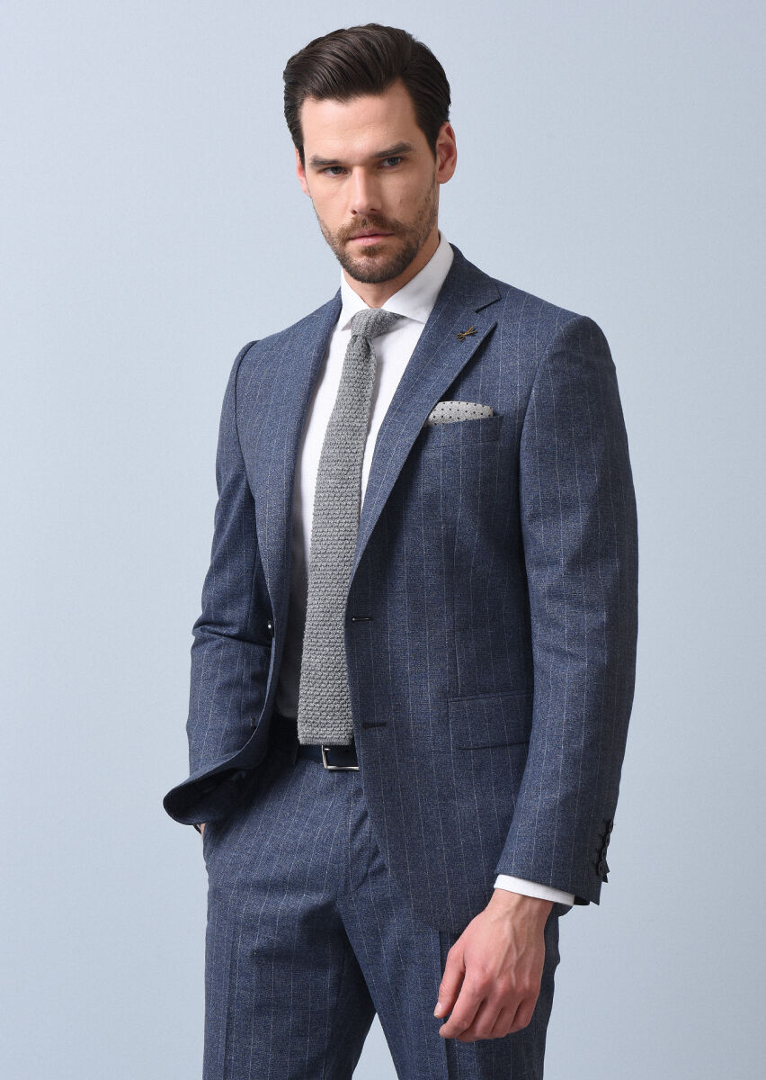 Mavi Çizgili Modern Fit Yün Karışımlı Takım Elbise - 2