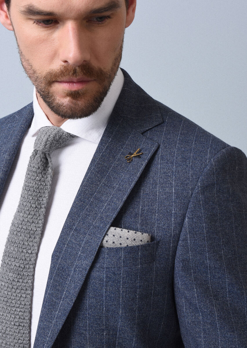 Mavi Çizgili Modern Fit Yün Karışımlı Takım Elbise - 3