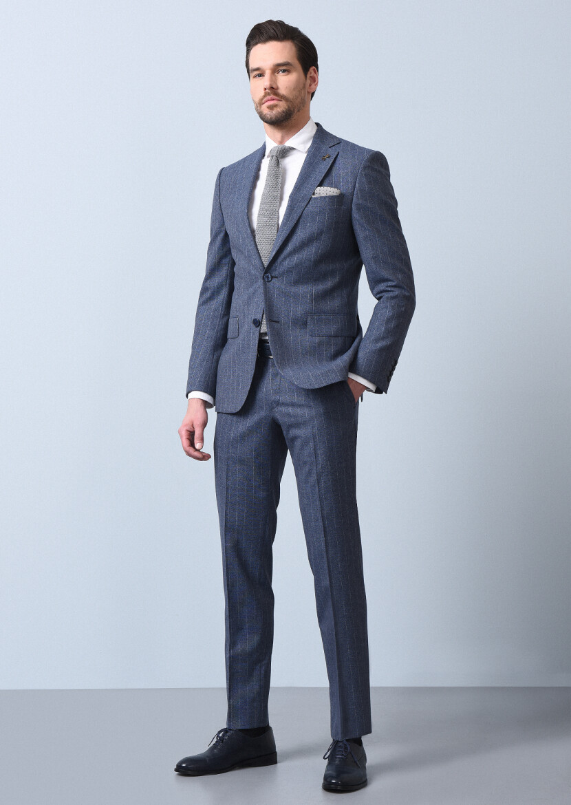 Mavi Çizgili Modern Fit Yün Karışımlı Takım Elbise - 4