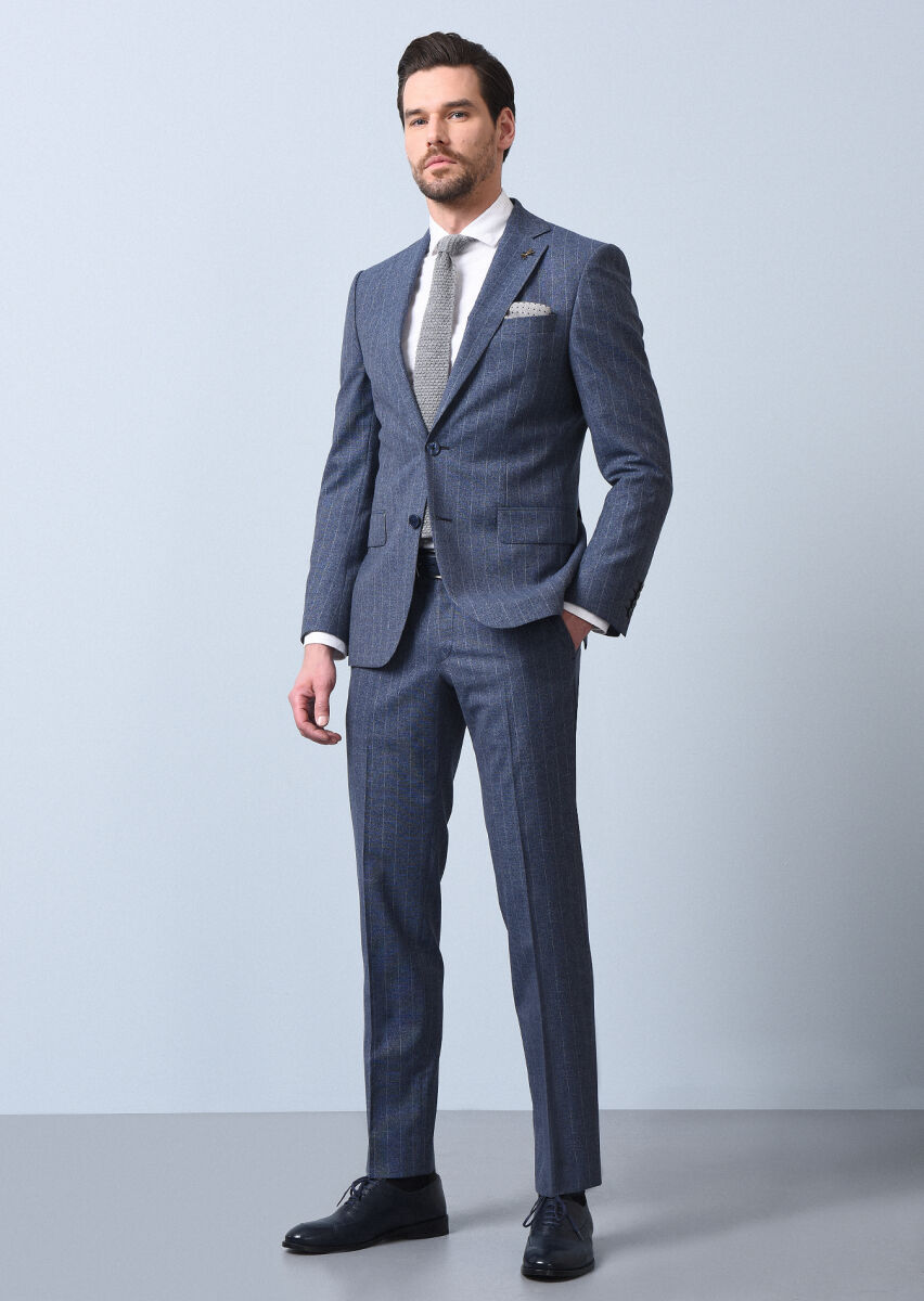 Mavi Çizgili Modern Fit Yün Karışımlı Takım Elbise - 4