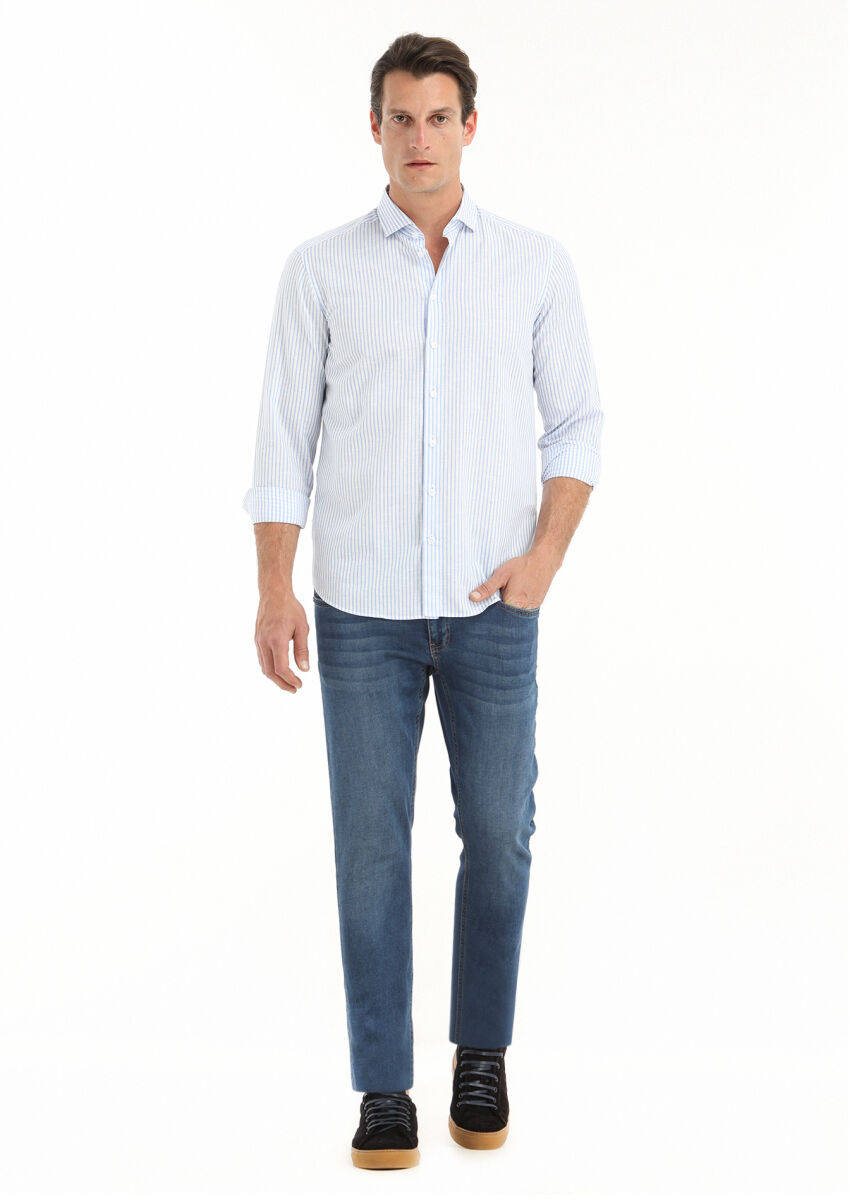 Mavi Çizgili Regular Fit Dokuma Casual Pamuk Karışımlı Gömlek - 1