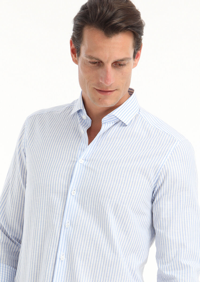 Mavi Çizgili Regular Fit Dokuma Casual Pamuk Karışımlı Gömlek - 3