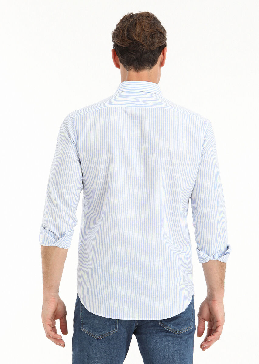 Mavi Çizgili Regular Fit Dokuma Casual Pamuk Karışımlı Gömlek - 4