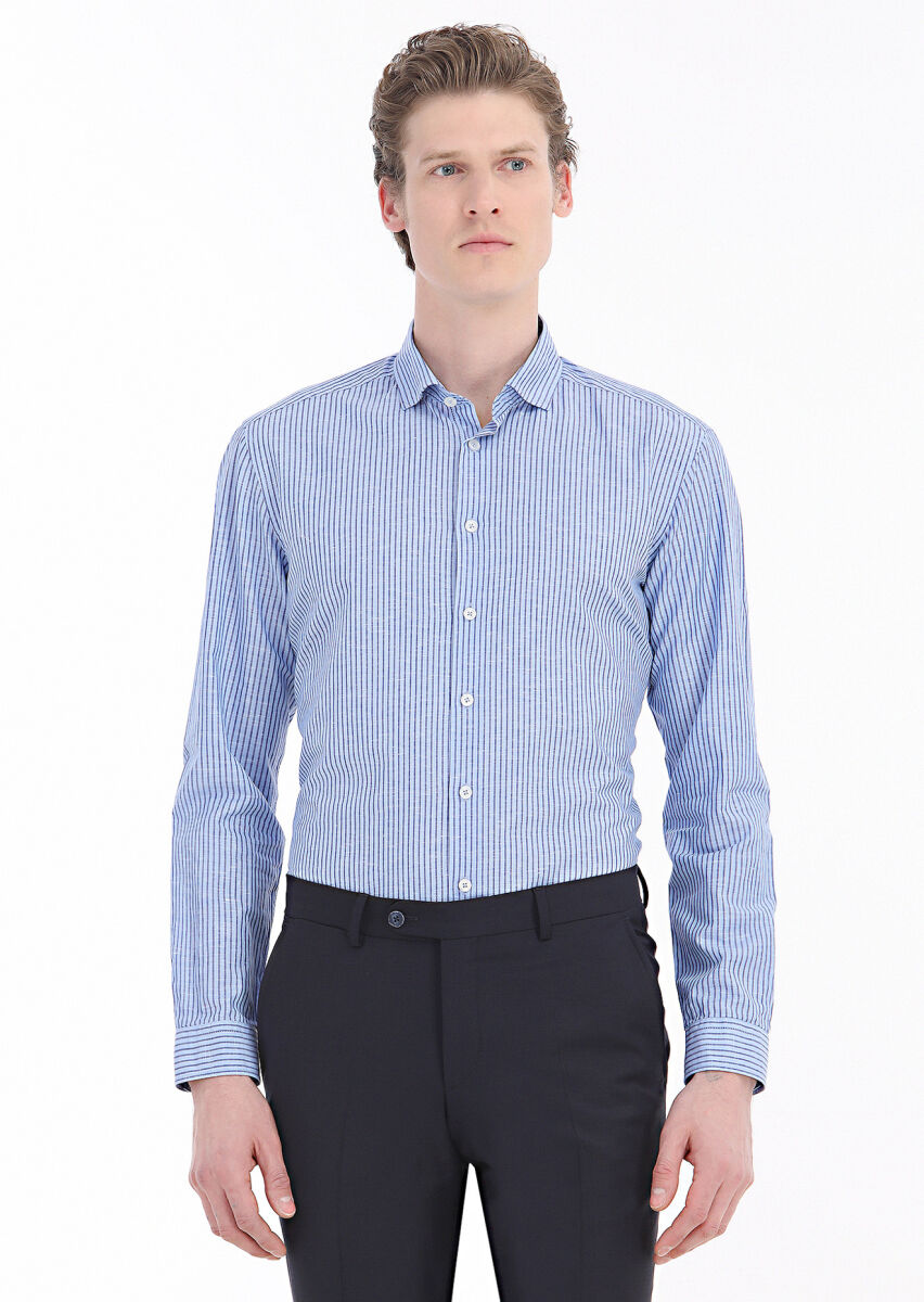 Mavi Çizgili Regular Fit Dokuma Casual Pamuk Karışımlı Gömlek - 2