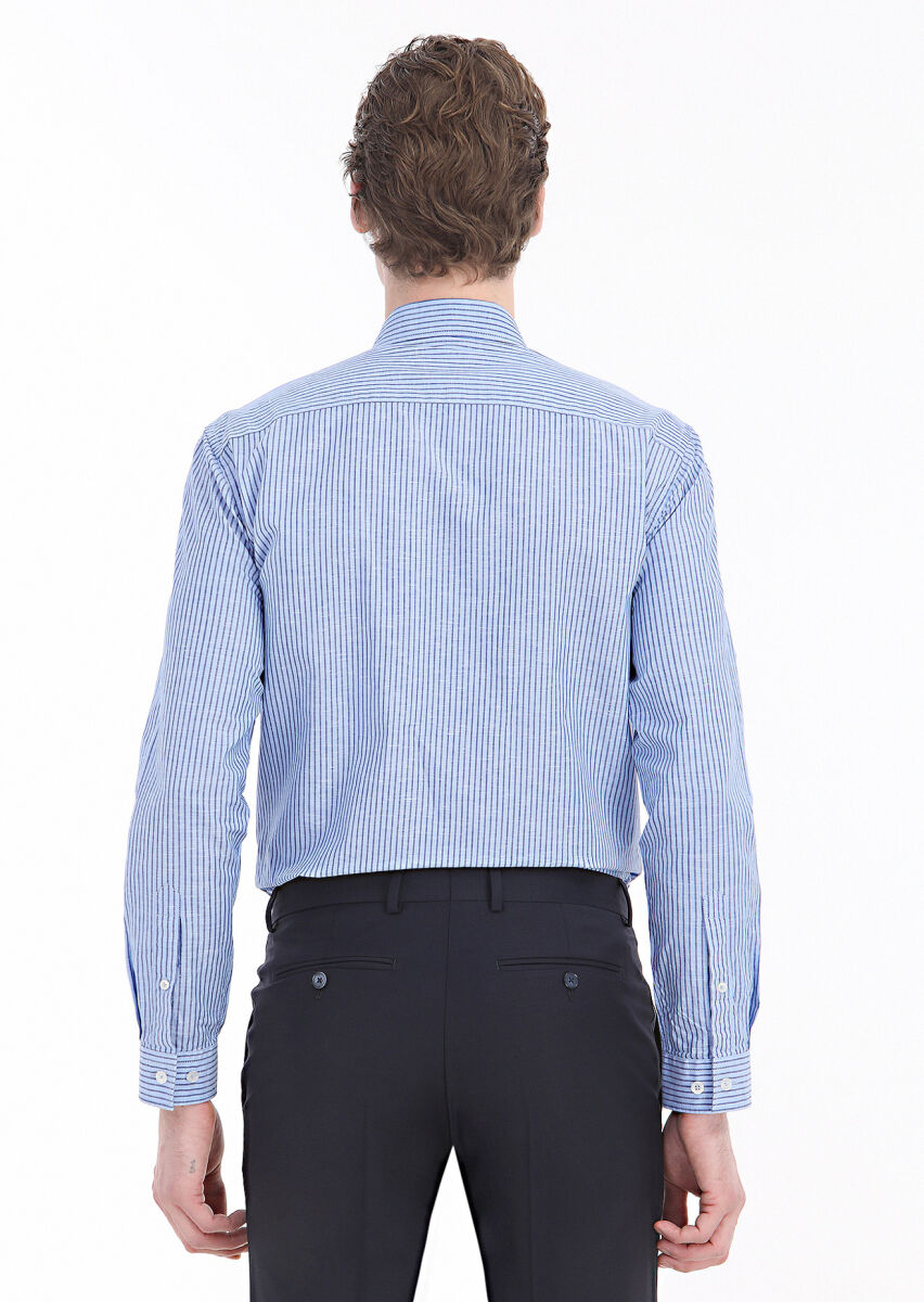 Mavi Çizgili Regular Fit Dokuma Casual Pamuk Karışımlı Gömlek - 5