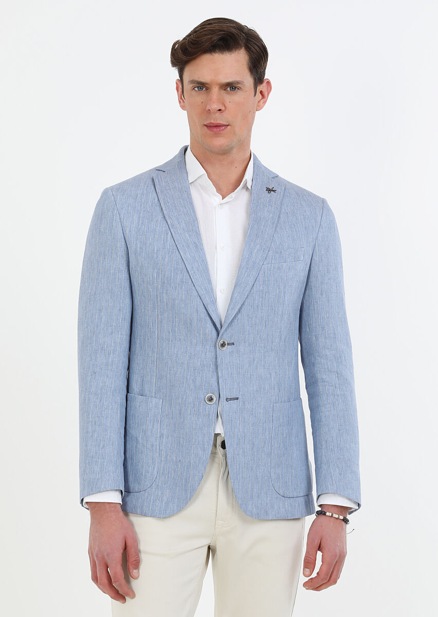 Mavi Çizgili Zeroweight Slim Fit Pamuk Karışımlı Ceket - 1