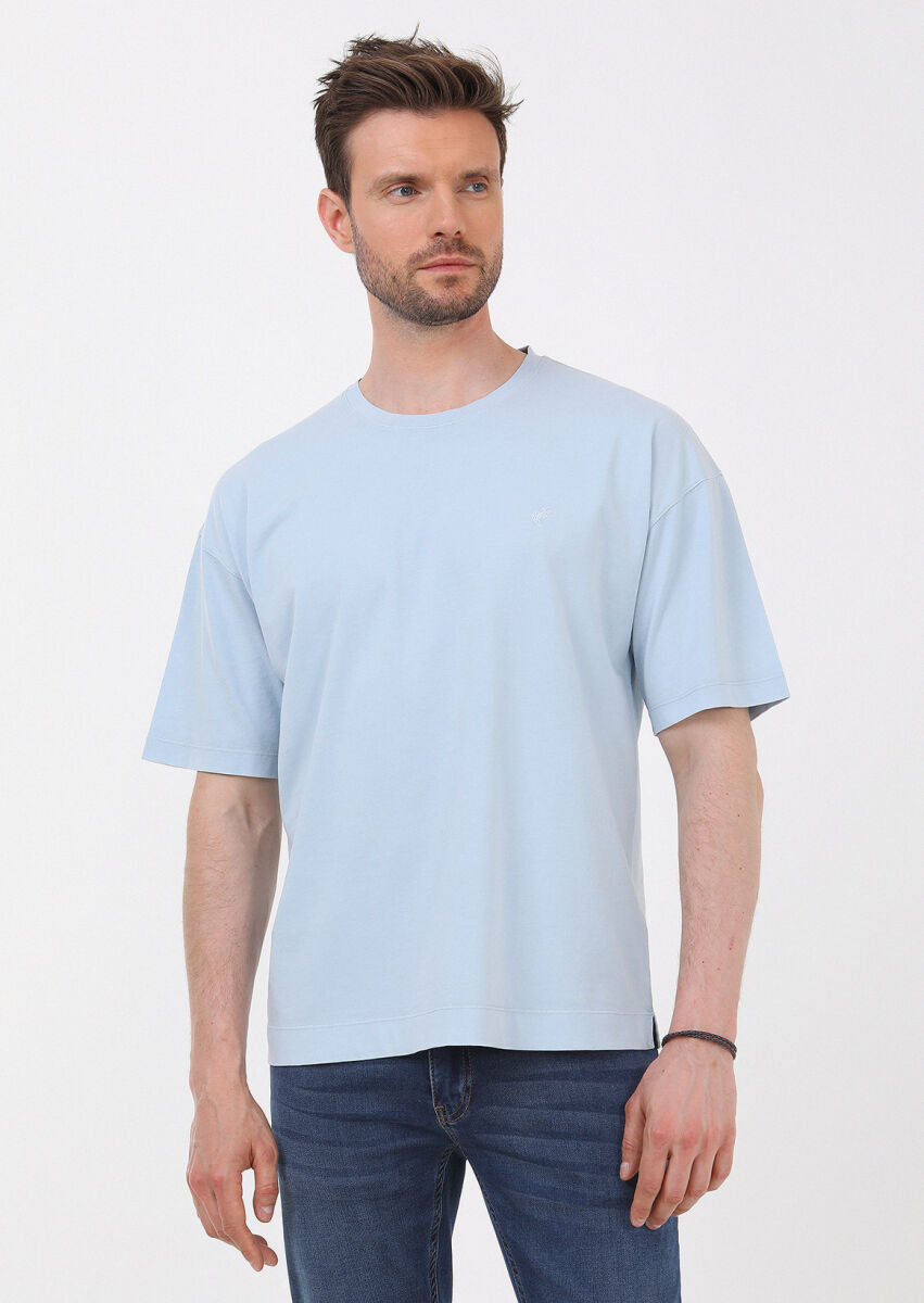 Mavi Düz Bisiklet Yaka %100 Pamuk T-Shirt - 1