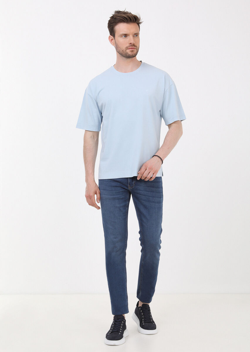 Mavi Düz Bisiklet Yaka %100 Pamuk T-Shirt - 4