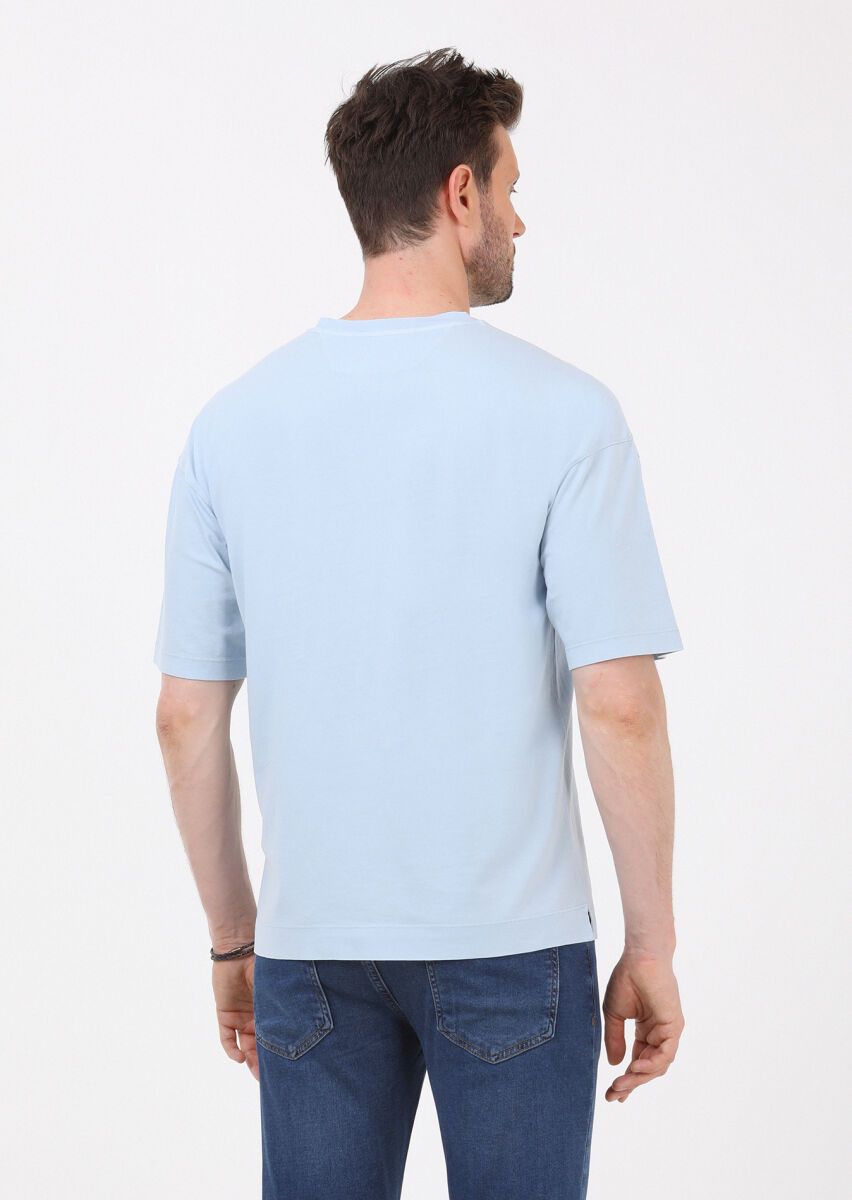 Mavi Düz Bisiklet Yaka %100 Pamuk T-Shirt - 5