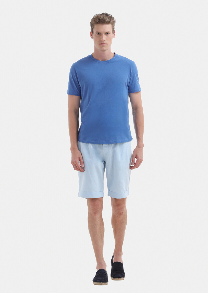 Mavi Düz Bisiklet Yaka %100 Pamuk T-Shirt 
