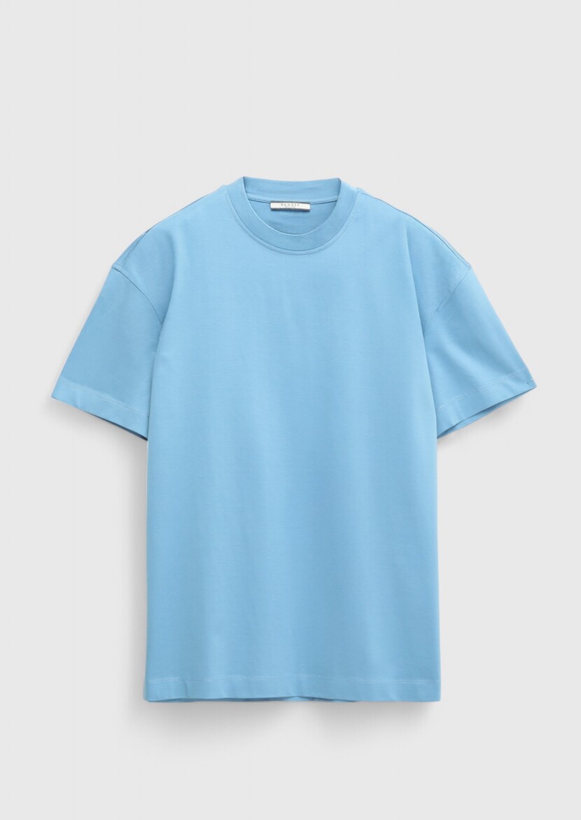Mavi Düz Bisiklet Yaka %100 Pamuk T-Shirt - 6