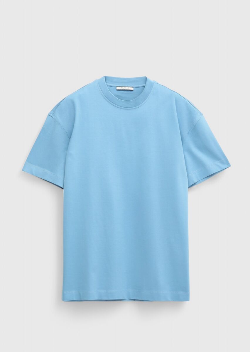 Mavi Düz Bisiklet Yaka %100 Pamuk T-Shirt - 6