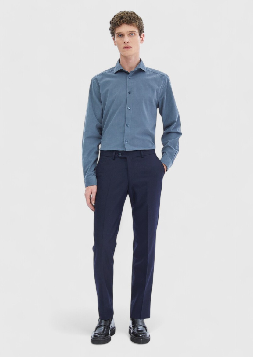 Mavi Düz Casual Fit Dokuma Kadife Casual %100 Pamuk Gömlek 