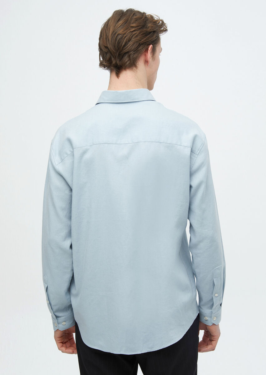Mavi Düz Loose Fit Dokuma Casual Yün Karışımlı Gömlek - 6