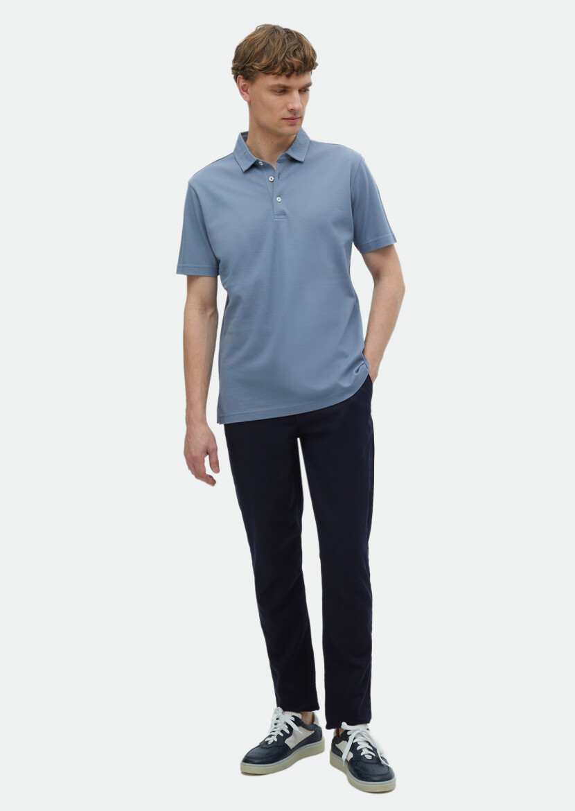 Mavi Düz Polo Yaka %100 Pamuk T-Shirt 