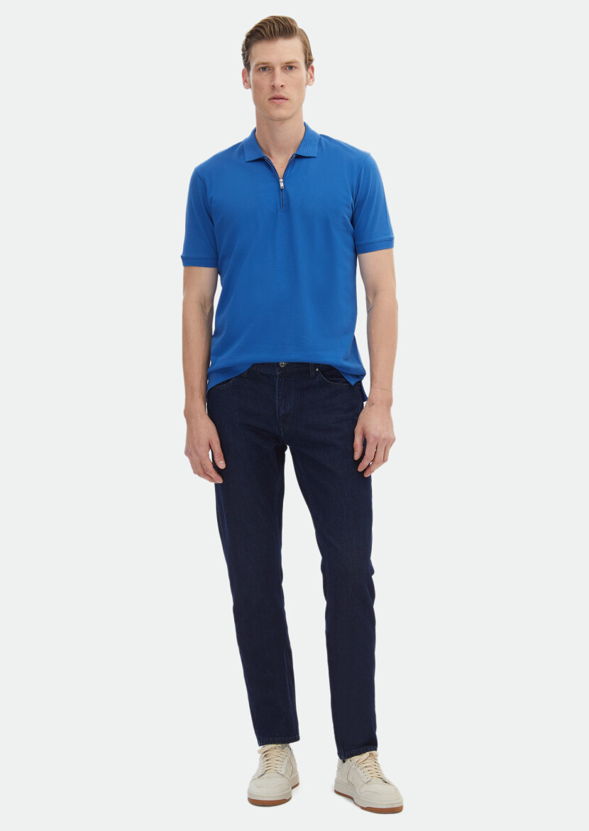 Mavi Düz Polo Yaka %100 Pamuk T-Shirt 