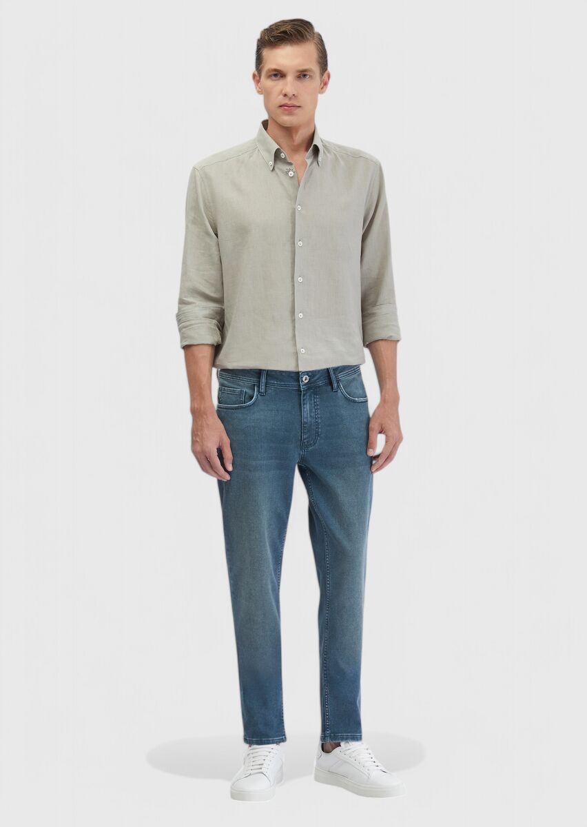 Mavi Düz Slim Fit Denim Pamuk Karışımlı Pantolon - 1