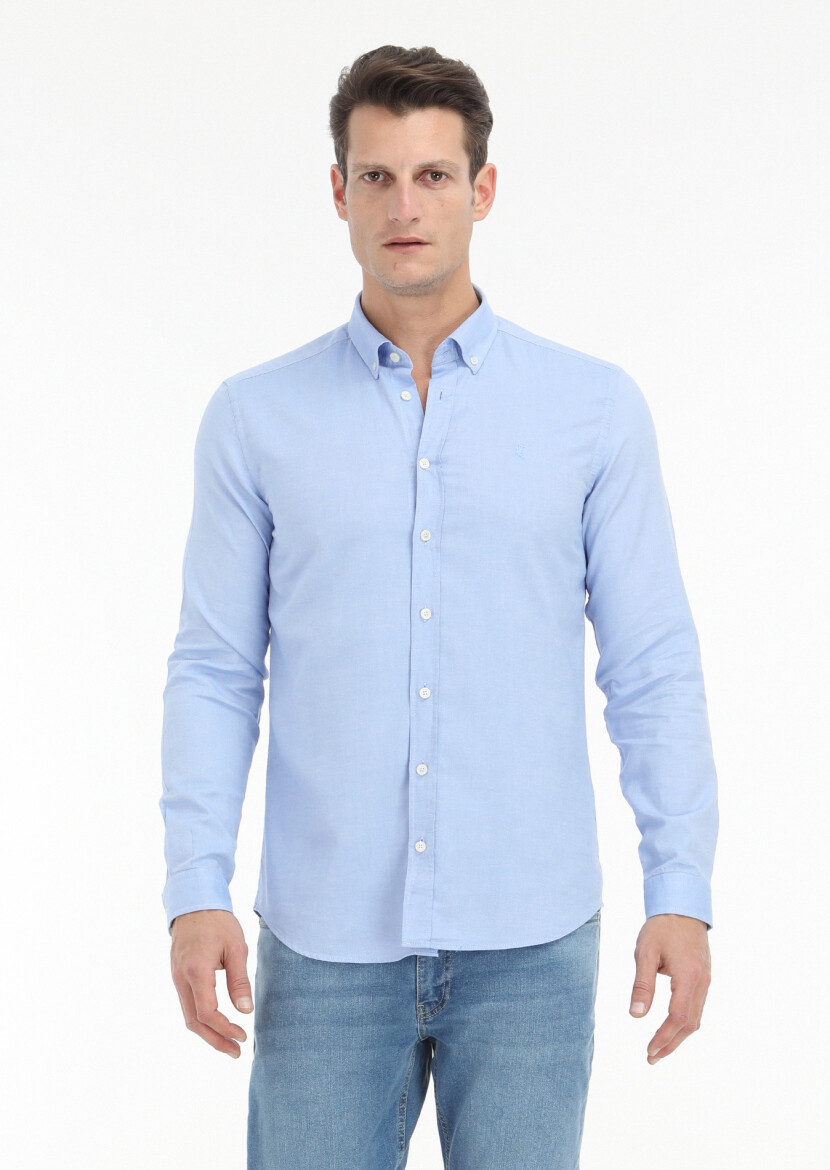 Mavi Düz Slim Fit Dokuma Casual %100 Pamuk Gömlek 