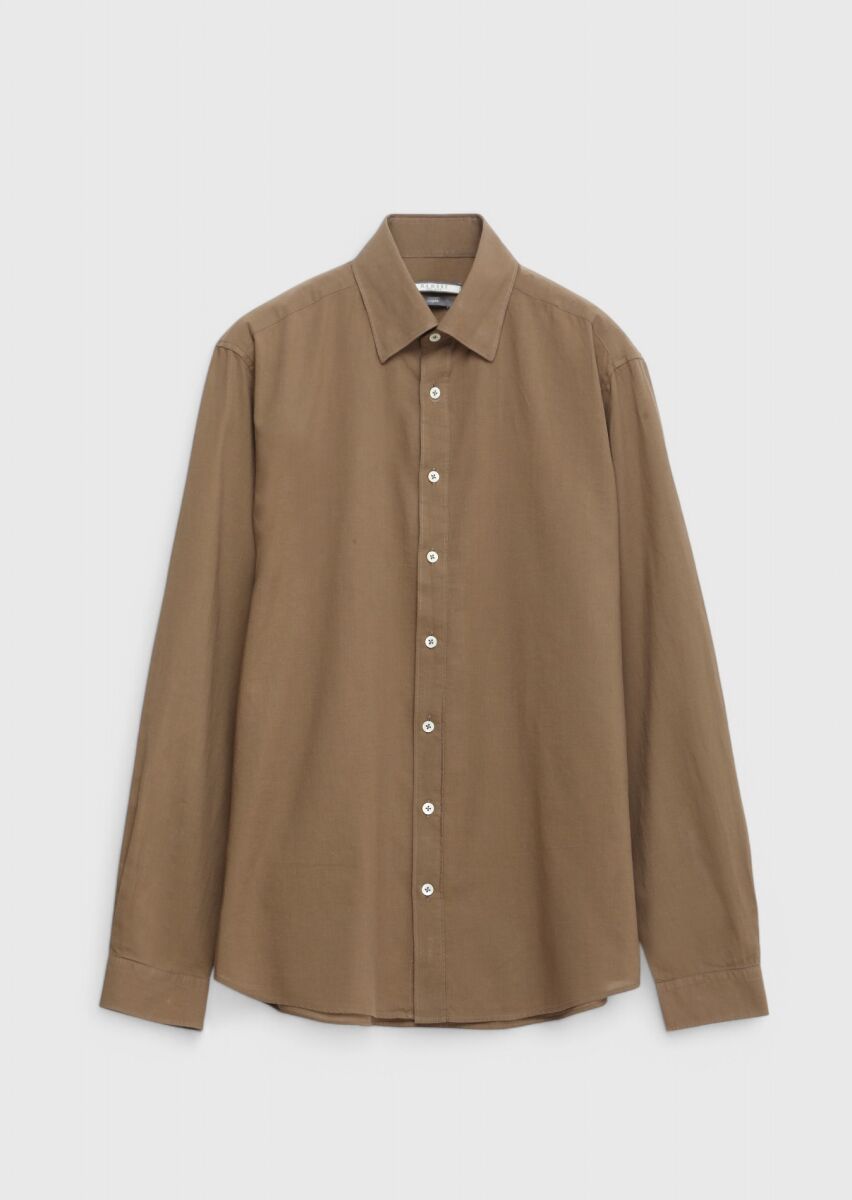 Mink Plain Casual Fit Weaving Casual 100% Cotton Shirt - 1
