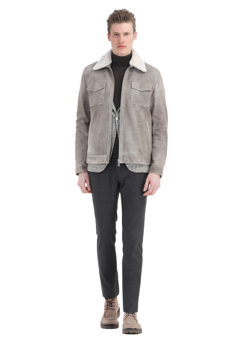 Mink Regular Fit Shirt Collar Casual Suede Leather Coat - RAMSEY