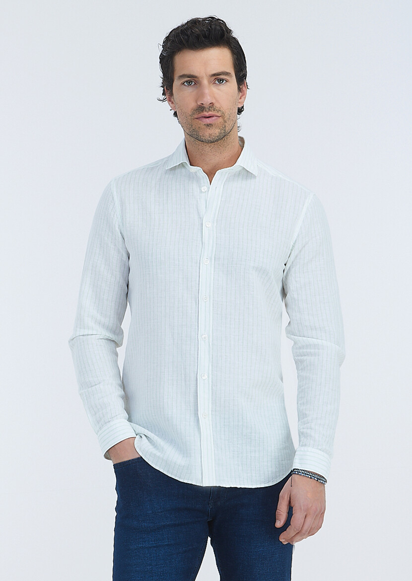 Mint Çizgili Regular Fit Dokuma Casual Pamuk Karışımlı Gömlek 