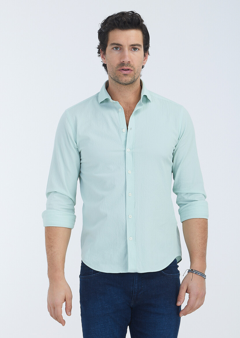 Mint Çizgili Regular Fit Dokuma Casual Pamuk Karışımlı Gömlek 