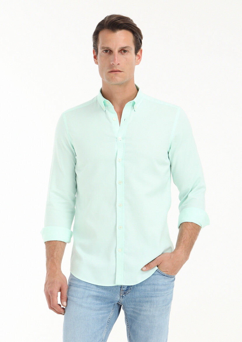 Mint Düz Slim Fit Dokuma Casual %100 Pamuk Gömlek 