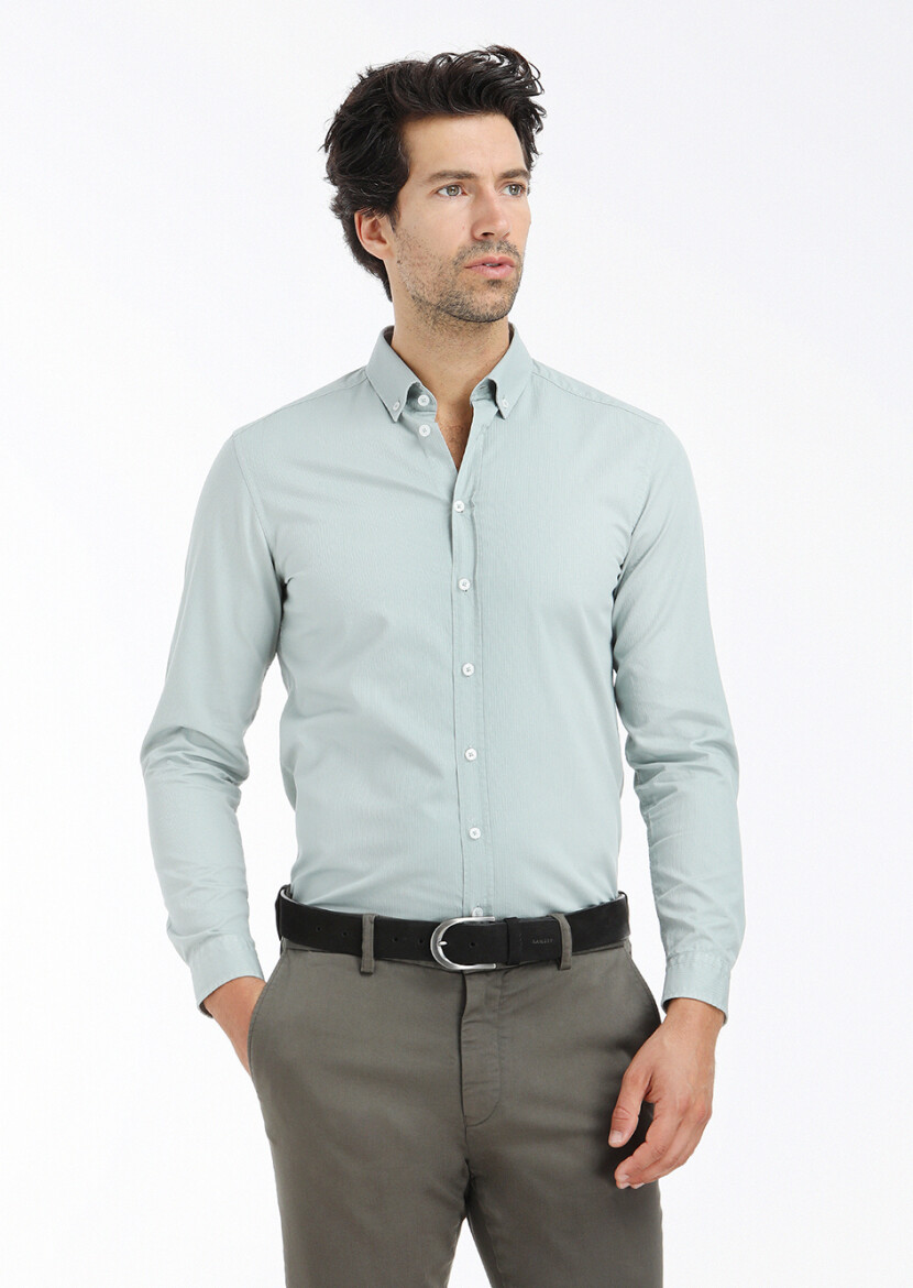 Mint Fitilli Regular Fit Dokuma Casual %100 Pamuk Gömlek - 3
