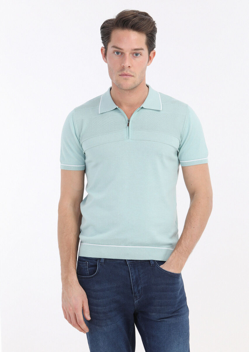 Mint Polo Yaka Jakarlı %100 Pamuk Triko - 2