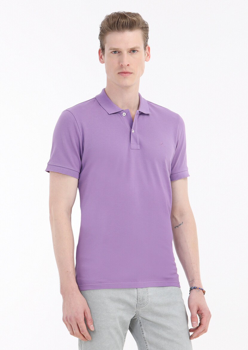 Mor Baskılı Polo Yaka %100 Pamuk T-Shirt 