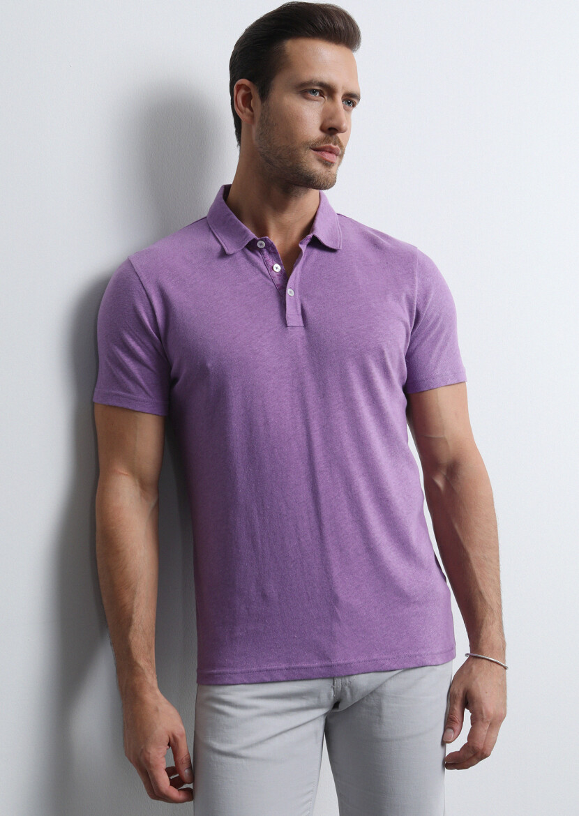 Mor Baskılı Polo Yaka Pamuk Karışımlı T-Shirt - 2