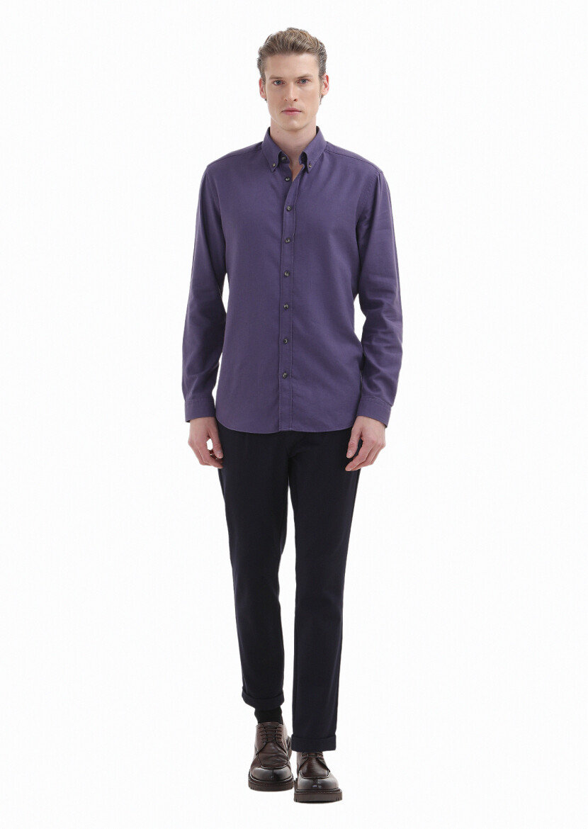 Mor Düz Regular Fit Dokuma Casual Yün Karışımlı Gömlek 