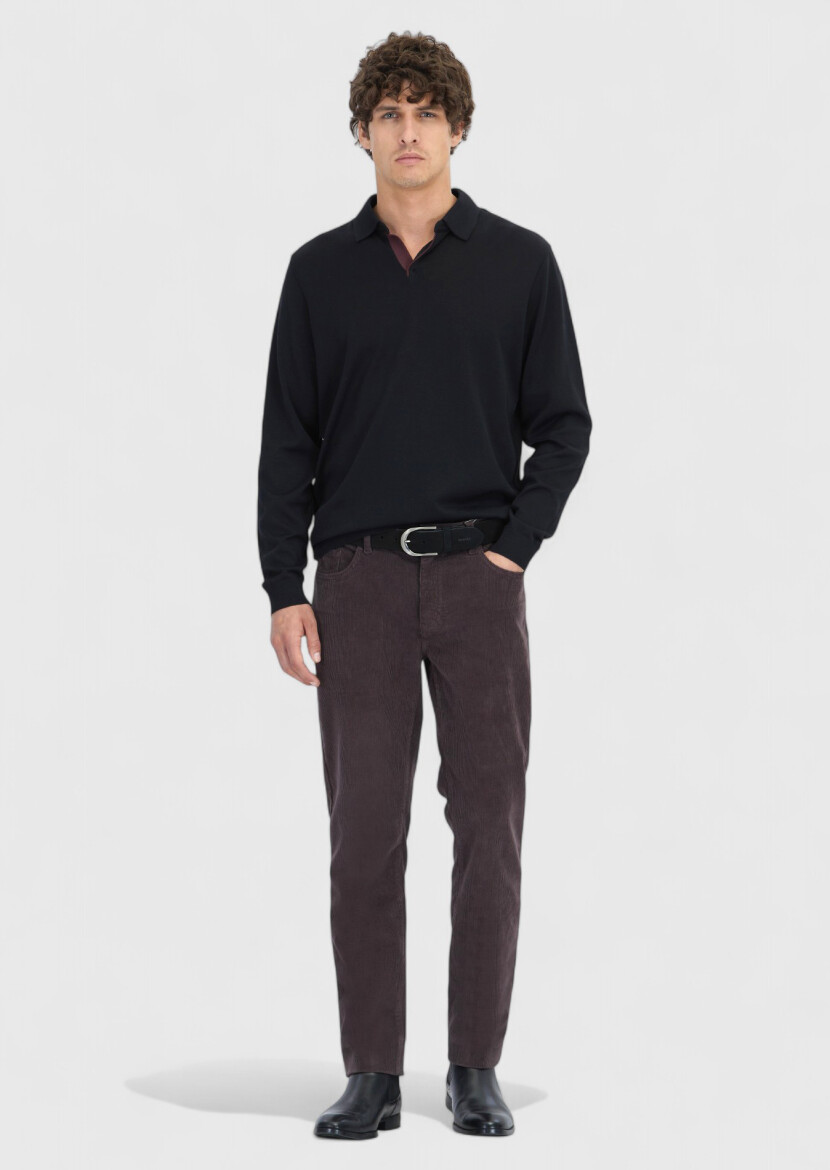 Mürdüm Düz Dokuma Slim Fit Kadife Casual Pamuk Karışımlı Pantolon - RAMSEY