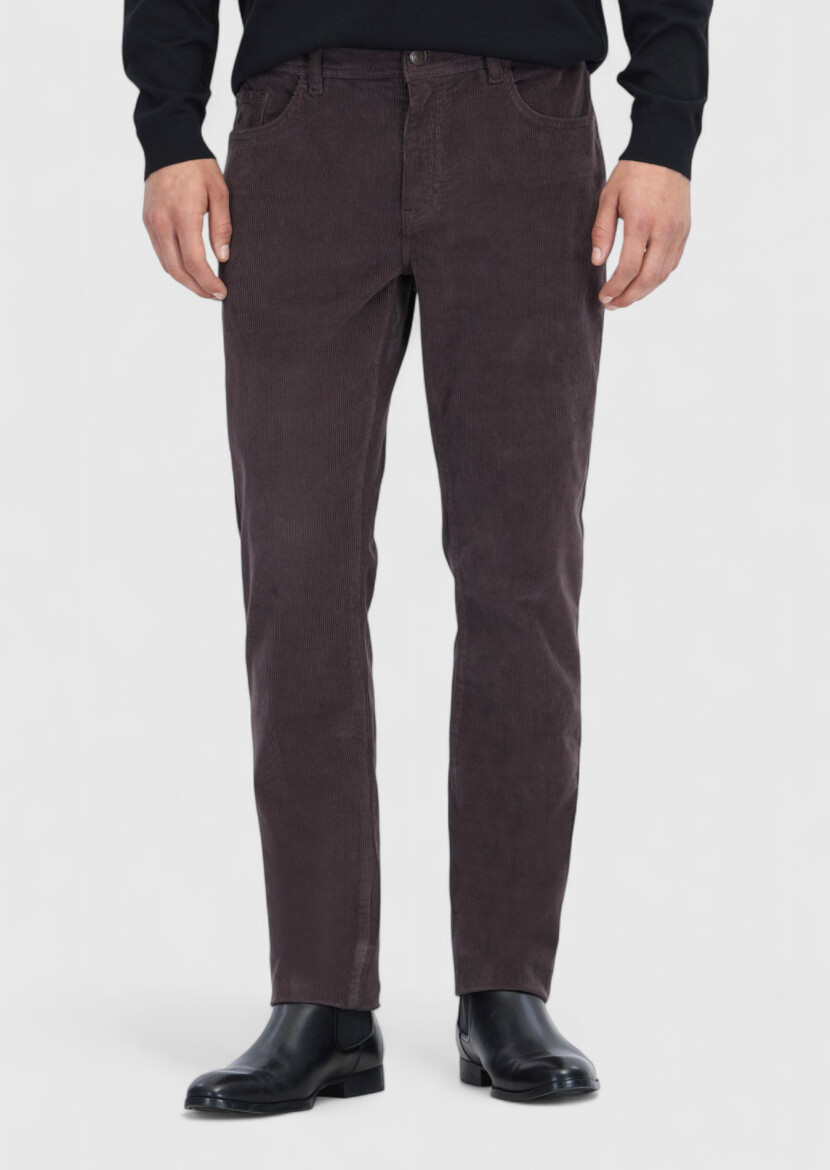 Mürdüm Düz Dokuma Slim Fit Kadife Casual Pamuk Karışımlı Pantolon - RAMSEY