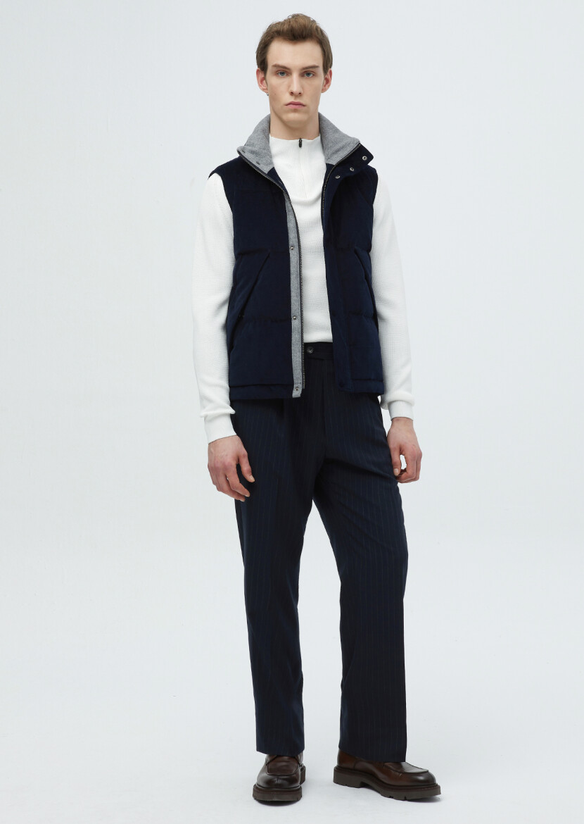 Navy Blue Cotton Blended Weaving Puffer Vest 