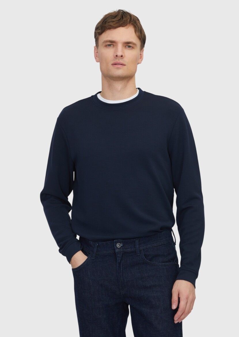 Navy Blue Crew Neck Plain Sweatshirt - RAMSEY
