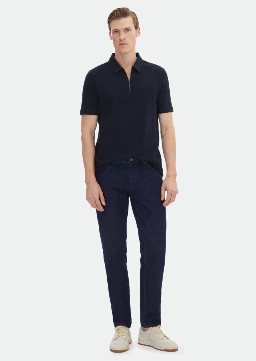 Navy Blue Jacquard Polo Neck 100% Cotton T-Shirt 