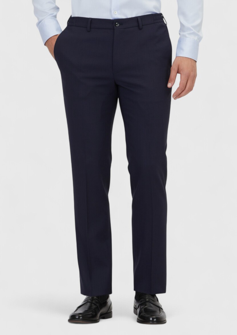 Navy Blue Material Comfort Fit Classical 100% Wool Trousers - RAMSEY