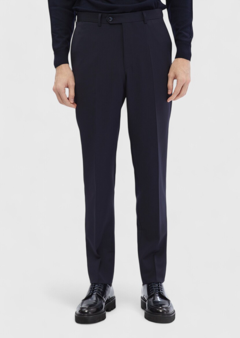 Navy Blue Material Modern Fit Classical 100% Wool Trousers - RAMSEY
